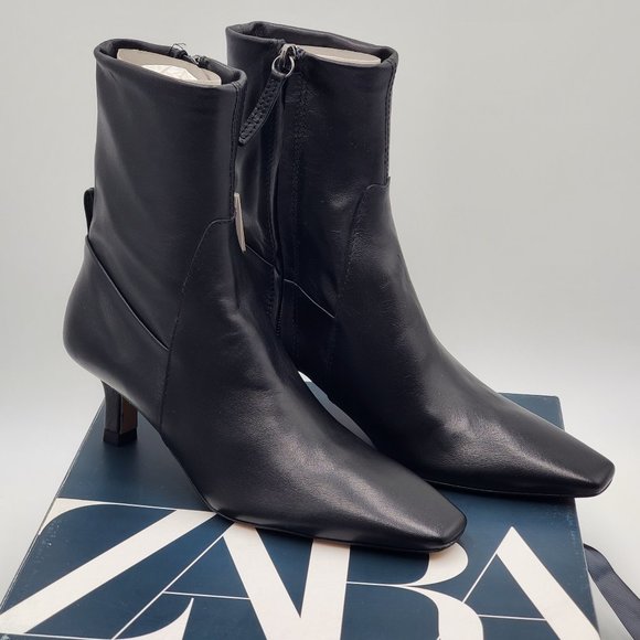 Zara Black Leather Kitten Heel Booties - NWT - Picture 2 of 16